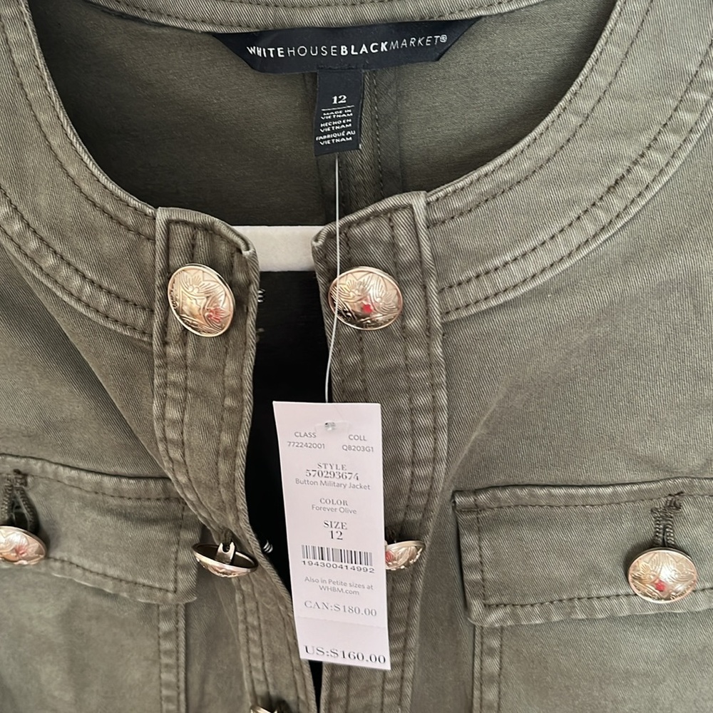 New! WHBM Green Gold Button Military Jacket- Sz 12 - Picture 2 of 5